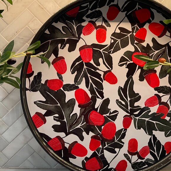 Decorative Serving Tray--stunning pattern of Red-Black Acorns and Leaves - Picture 3 of 16